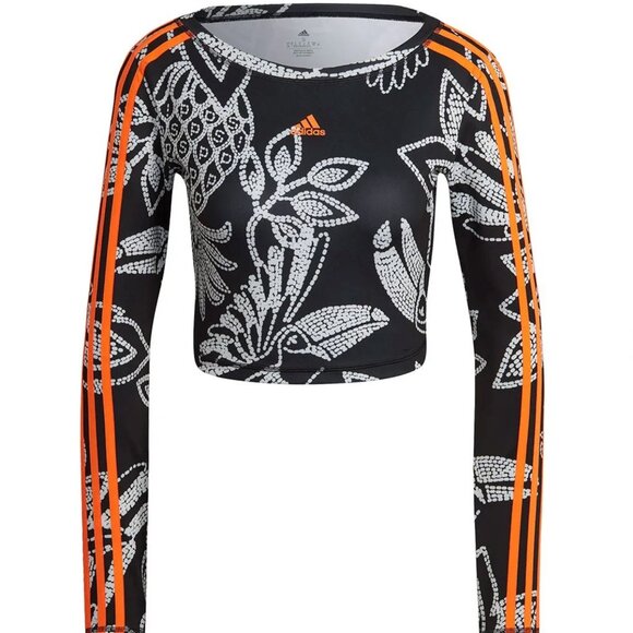 NWT Adidas X Farm Rio Crop Top Long Sleeve Aeroready Floral Black White S - Picture 5 of 14